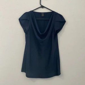 silky short sleeved blouse, navy blue, cowl-neck, size small